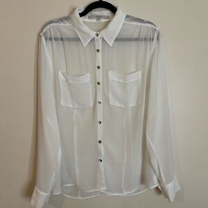 Guess White Sheer Button Up Blouse with front pockets